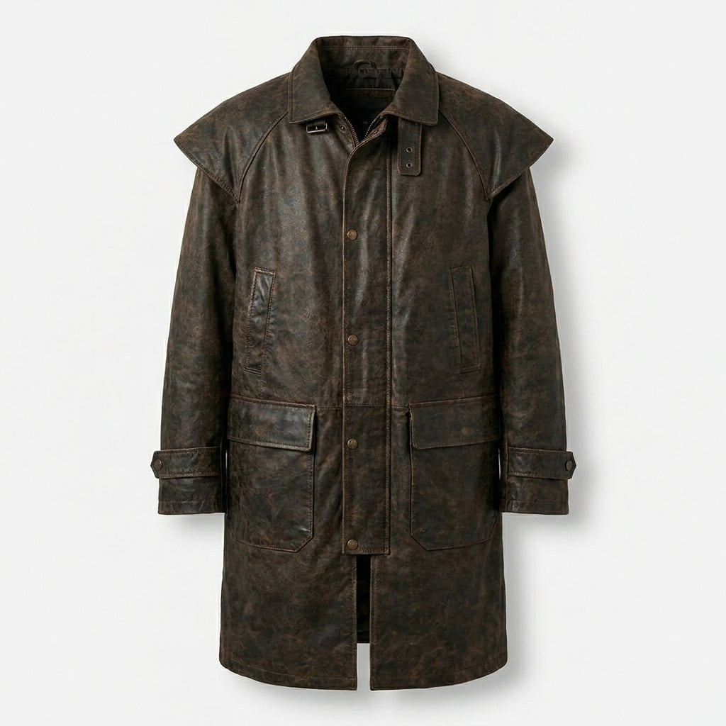 Men’s Distressed Brown Leather Duster Jacket with Shoulder Cape – Western Long Coat