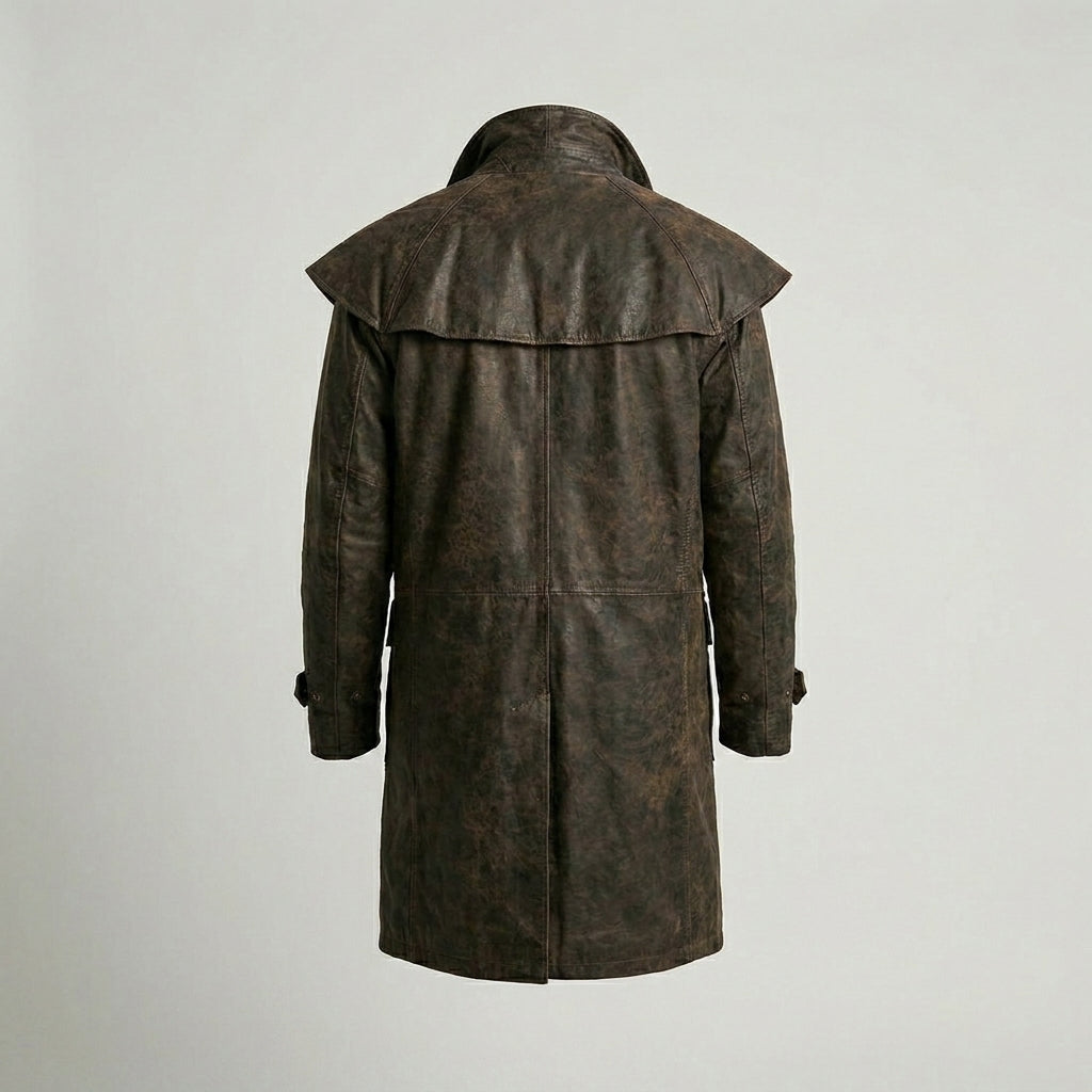 Men’s Distressed Brown Leather Duster Jacket with Shoulder Cape – Western Long Coat
