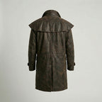 Men’s Distressed Brown Leather Duster Jacket with Shoulder Cape – Western Long Coat