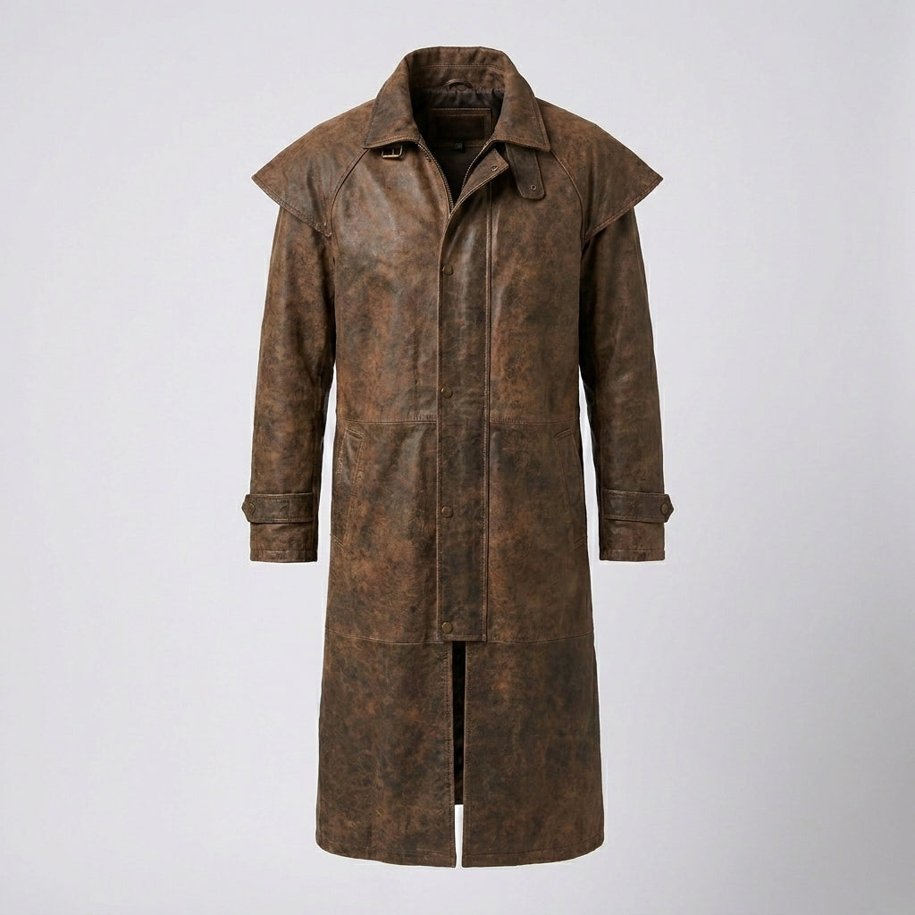 Men’s Leather Duster Coat with Removable Shoulder Cape – Classic Western Long Coat