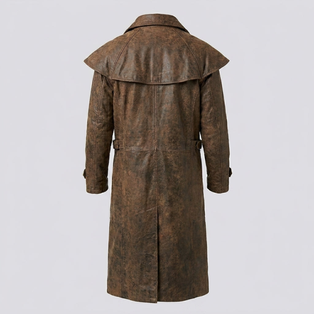 Men’s Leather Duster Coat with Removable Shoulder Cape – Classic Western Long Coat