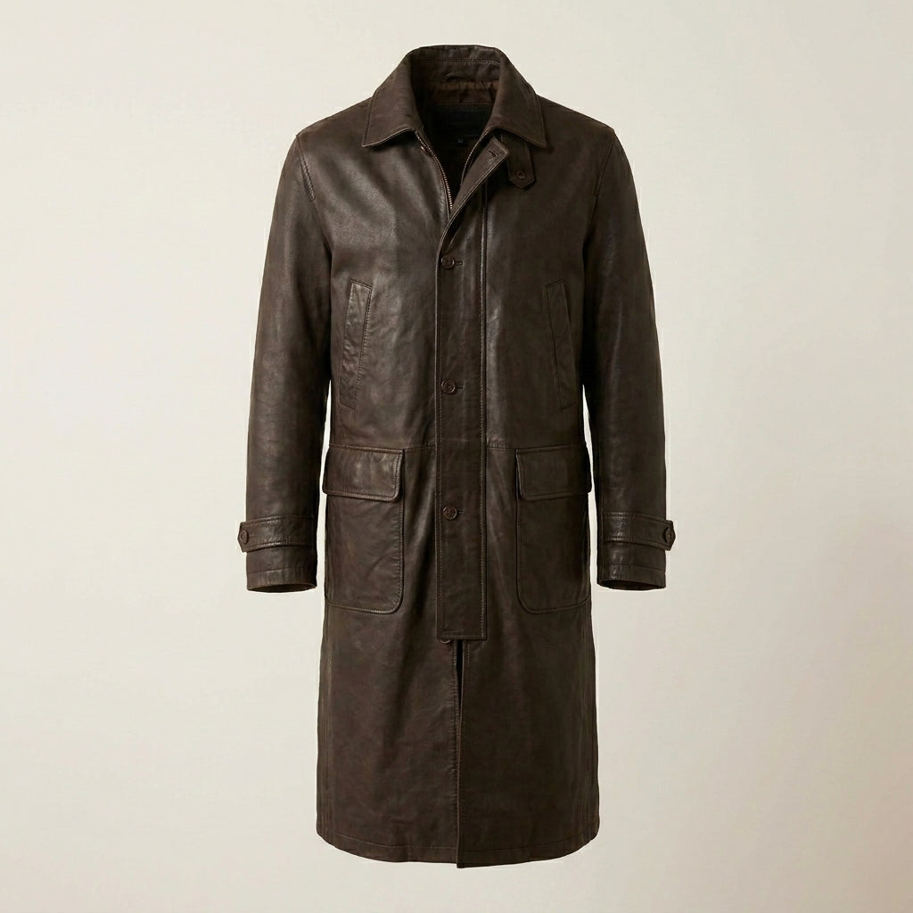 Men’s Brown Leather Duster Coat – Classic Western Long Leather Coat