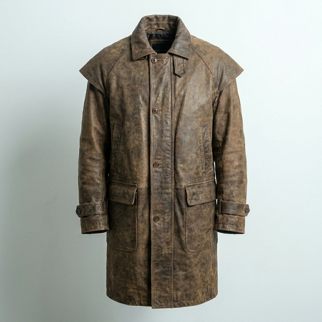 Men’s Brown Leather Trench Coat with Shoulder Cape – Classic Duster Style
