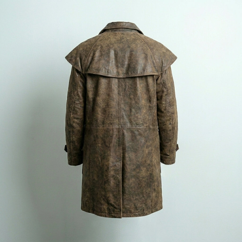 Men’s Brown Leather Trench Coat with Shoulder Cape – Classic Duster Style