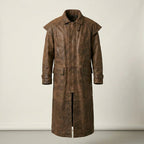 Men’s Distressed Brown Leather Duster Trench Coat with Shoulder Cape