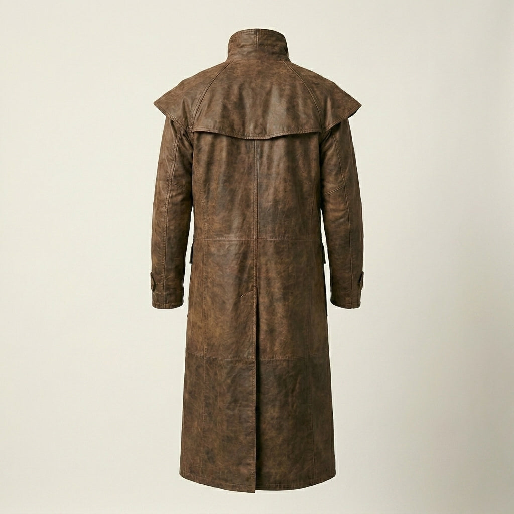 Men’s Distressed Brown Leather Duster Trench Coat with Shoulder Cape