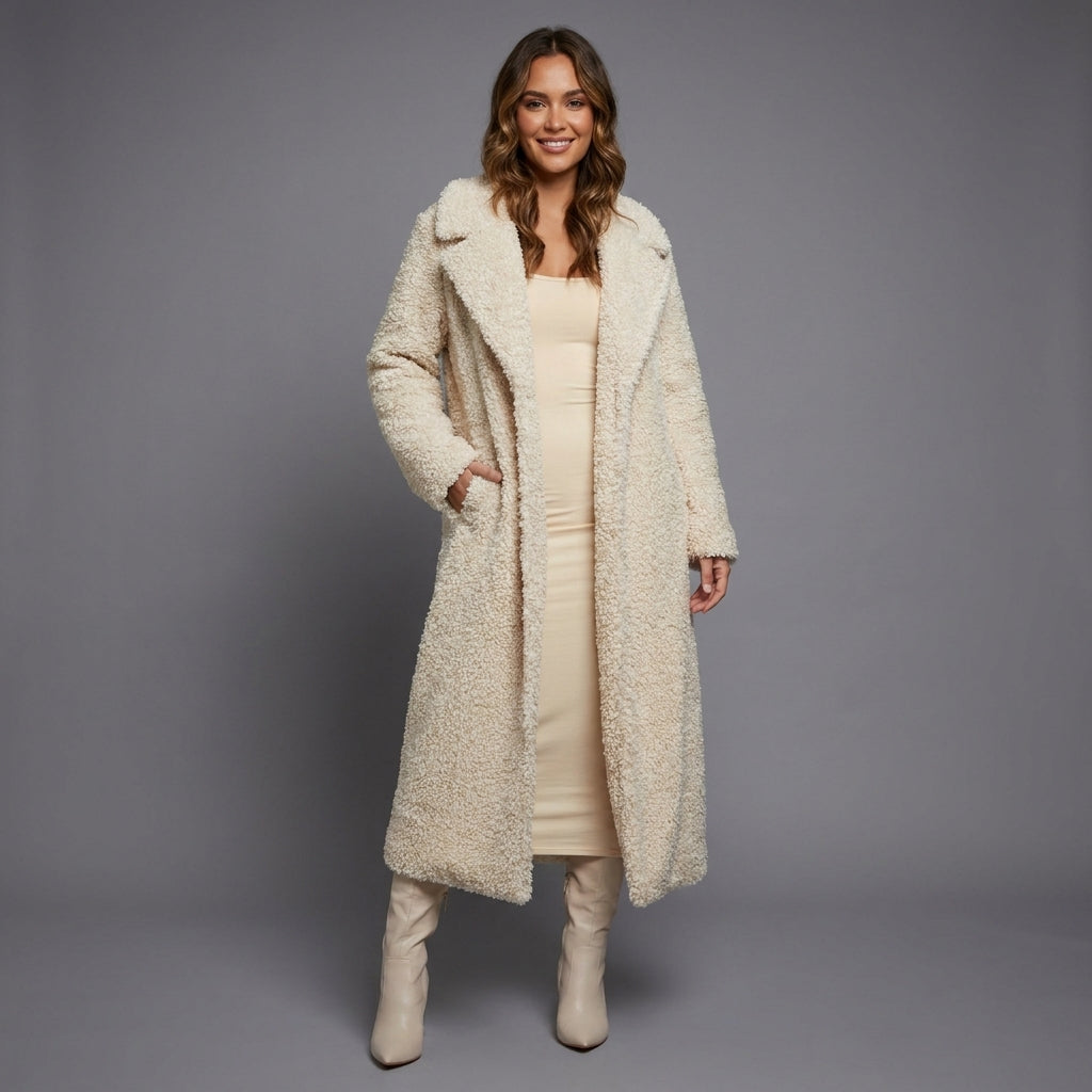 Cream Luxe Long Shearling Wool Coat – Premium Winter Elegance