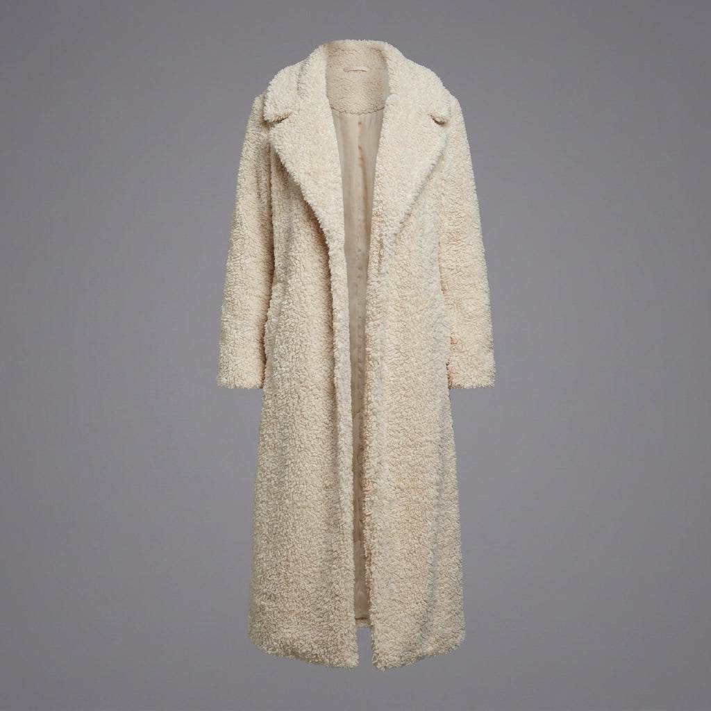 Cream Luxe Long Shearling Wool Coat – Premium Winter Elegance