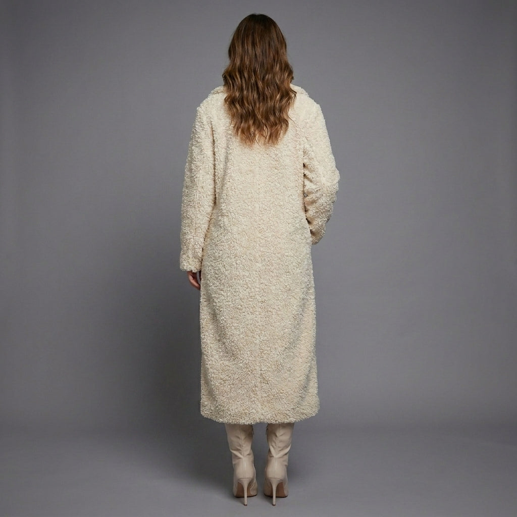 Cream Luxe Long Shearling Wool Coat – Premium Winter Elegance