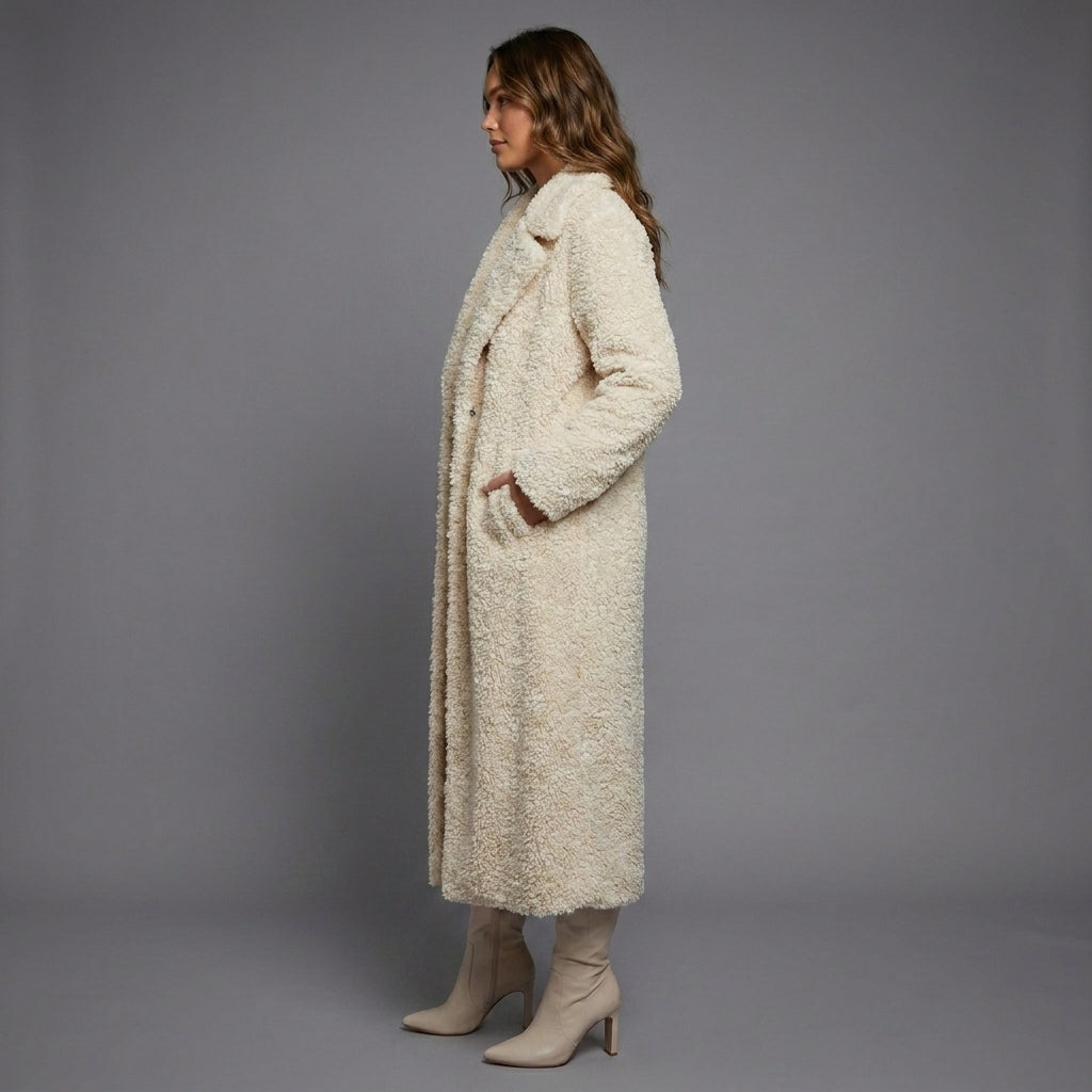 Cream Luxe Long Shearling Wool Coat – Premium Winter Elegance
