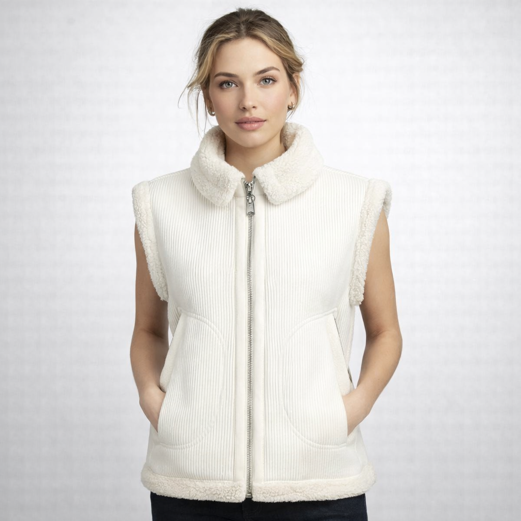 Cream Ribbed Zip-Up Shearling Gilet Vest for Women