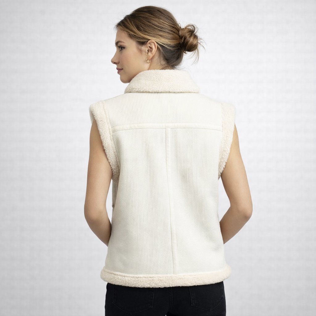 Cream Ribbed Zip-Up Shearling Gilet Vest for Women