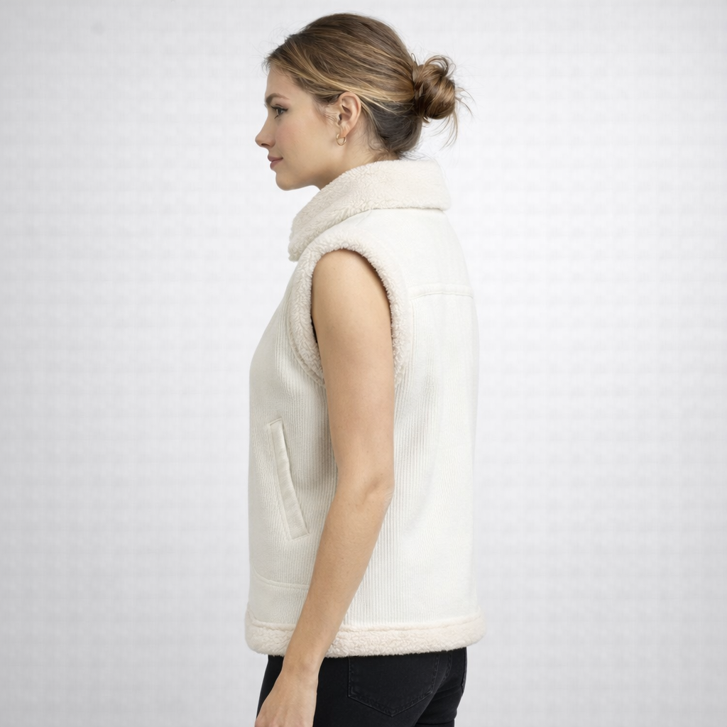 Cream Ribbed Zip-Up Shearling Gilet Vest for Women