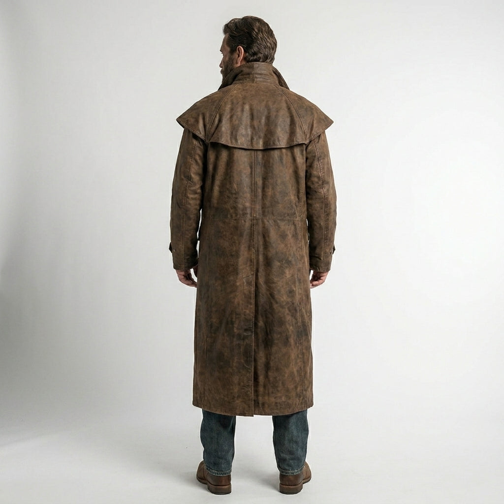 Men’s Rugged Brown Distressed Leather Duster Coat – Vintage Western Long Coat