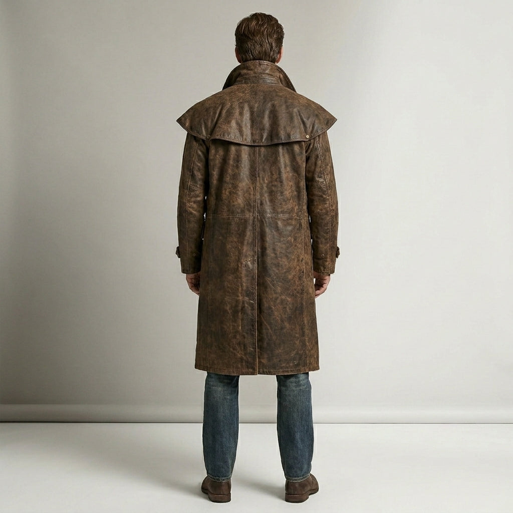 Men’s Distressed Brown Leather Duster Coat – Rugged Western Long Coat