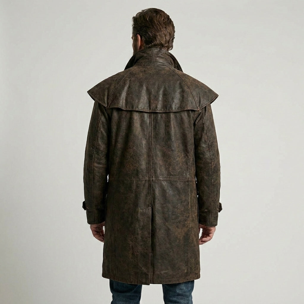 Men’s Distressed Brown Leather Duster Jacket with Shoulder Cape – Western Long Coat