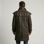 Men’s Distressed Brown Leather Duster Jacket with Shoulder Cape – Western Long Coat
