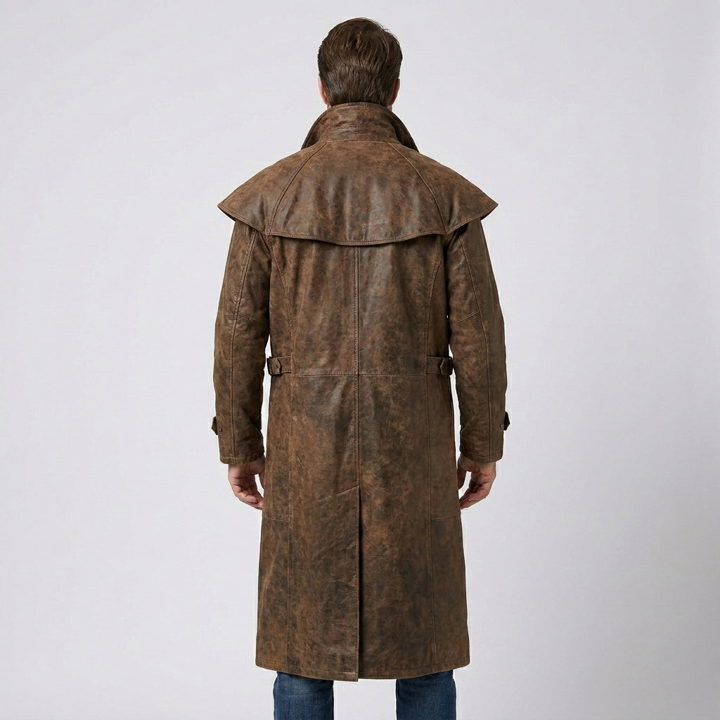 Men’s Leather Duster Coat with Removable Shoulder Cape – Classic Western Long Coat