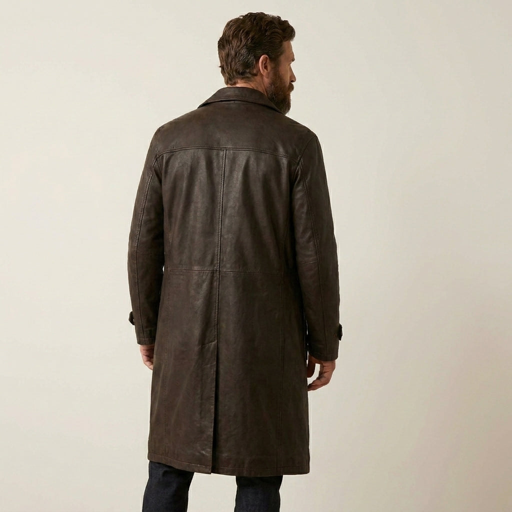 Men’s Brown Leather Duster Coat – Classic Western Long Leather Coat