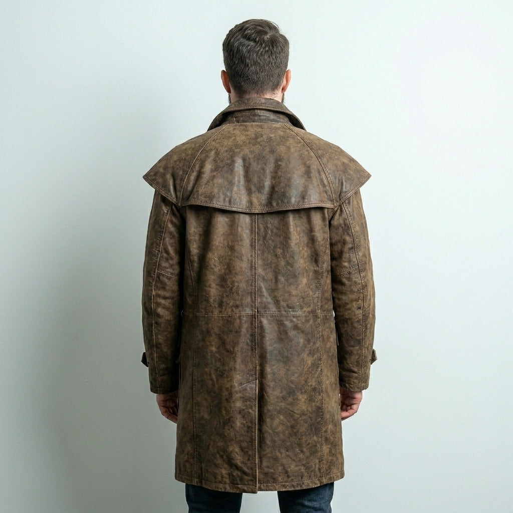 Men’s Brown Leather Trench Coat with Shoulder Cape – Classic Duster Style
