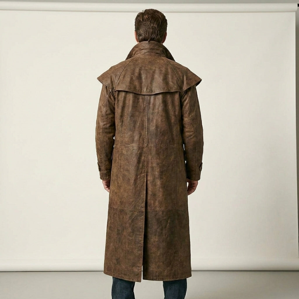 Men’s Distressed Brown Leather Duster Trench Coat with Shoulder Cape