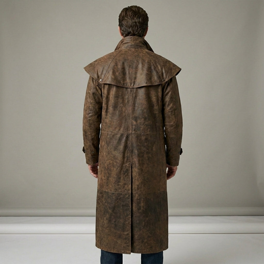 Men’s Australian Full Length Duster Outback Coat – Distressed Nubuck Cowhide Leather