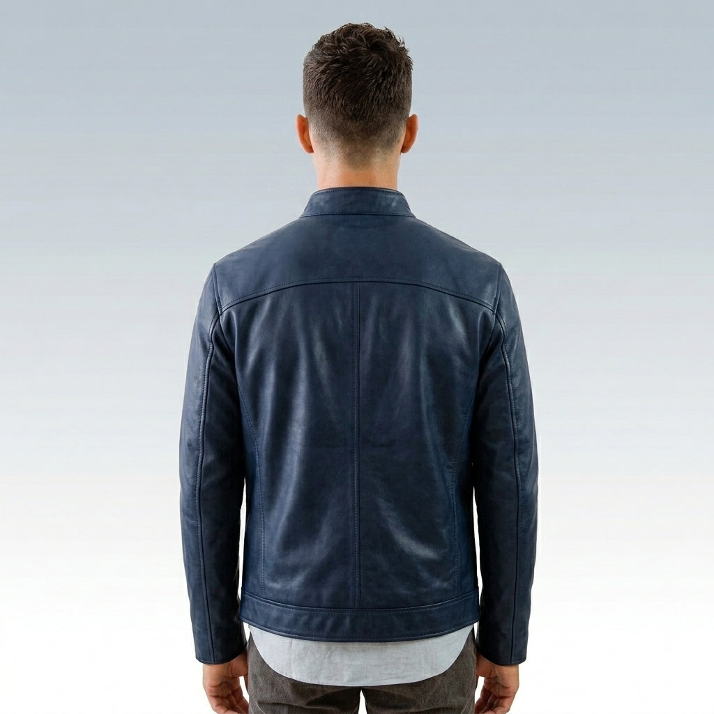 Men’s Slim-Fit Blue Leather Field Jacket