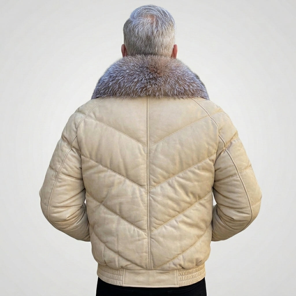 Men’s Cream V-Bomber Jacket – Quilted Leather Street Style