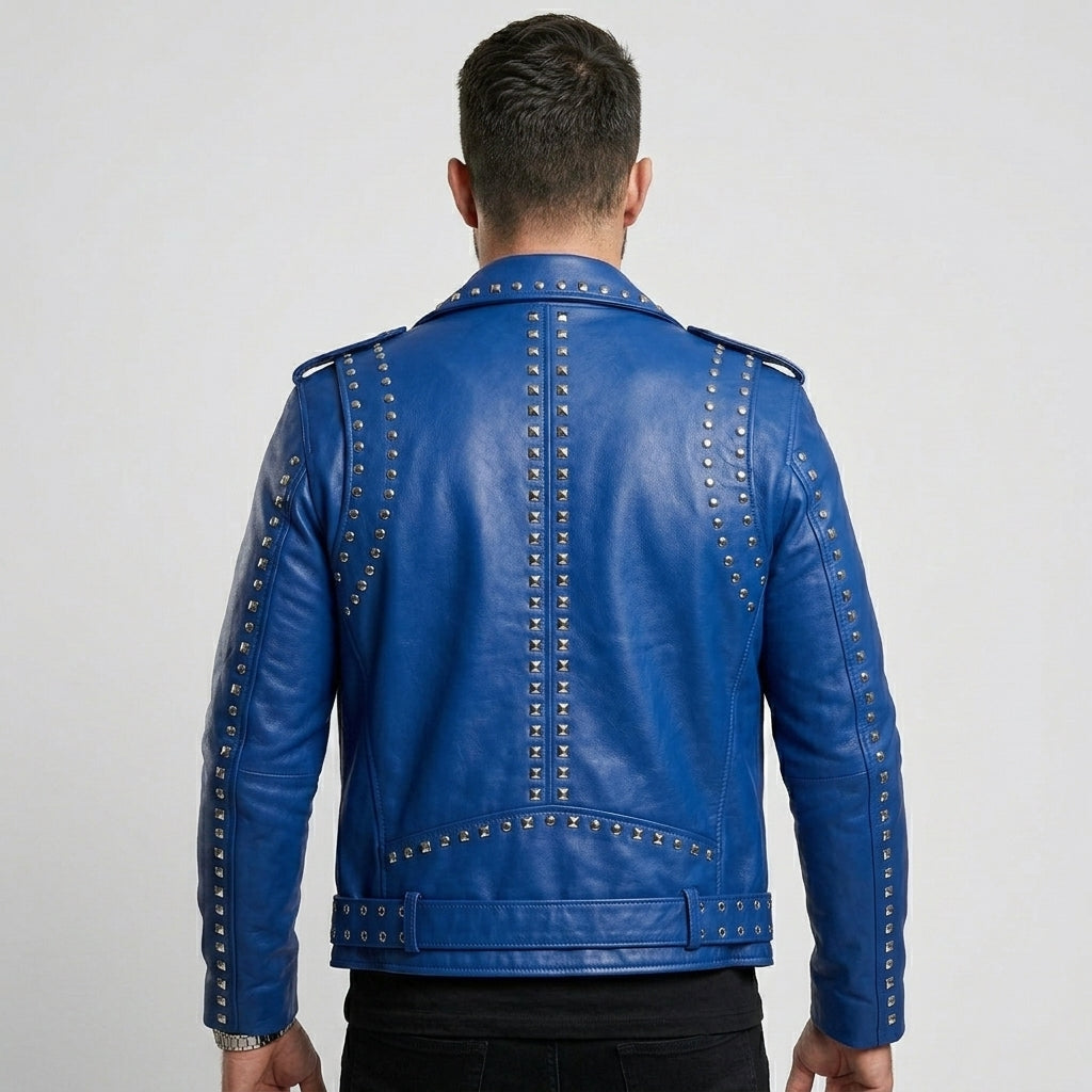 Men’s Studded Blue Leather Biker Jacket – Slim Fit Moto Style