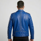Men’s Studded Blue Leather Biker Jacket – Slim Fit Moto Style