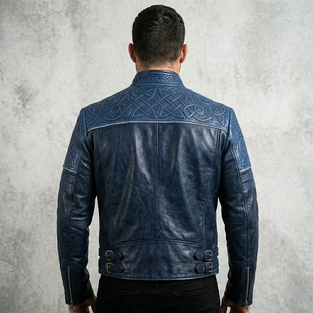 Men’s Black & Blue Biker Leather Jacket – Slim Fit Moto Style