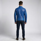 Men’s Blue Leather Racing Jacket – Bold Stripe Moto Style