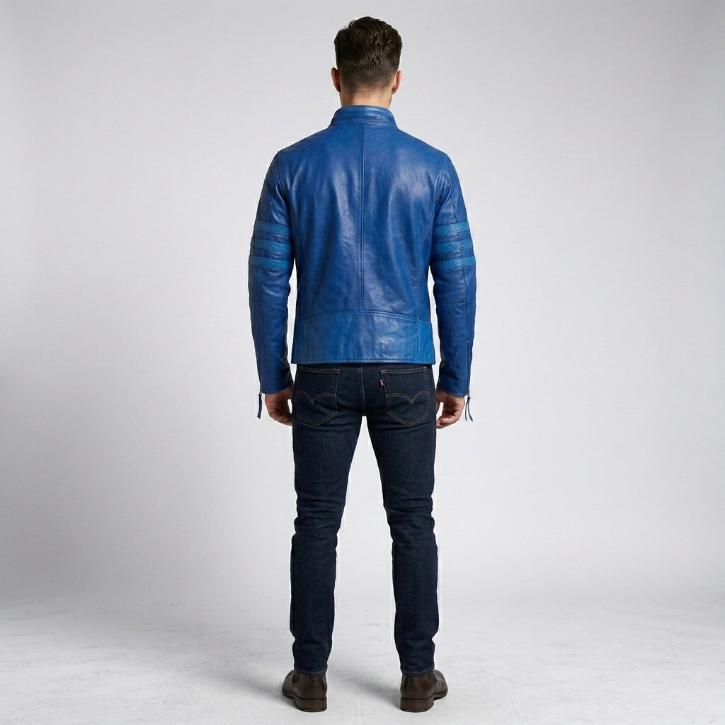 Men’s Blue Leather Racing Jacket – Bold Stripe Moto Style