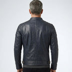 Men’s Navy Leather Moto Jacket – Slim Fit Modern Biker Style