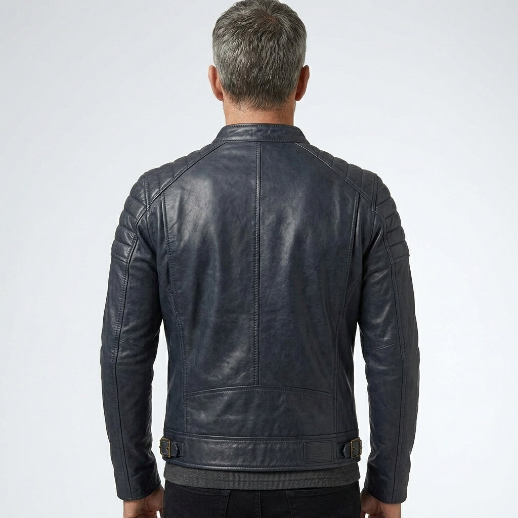 Men’s Navy Leather Moto Jacket – Slim Fit Modern Biker Style