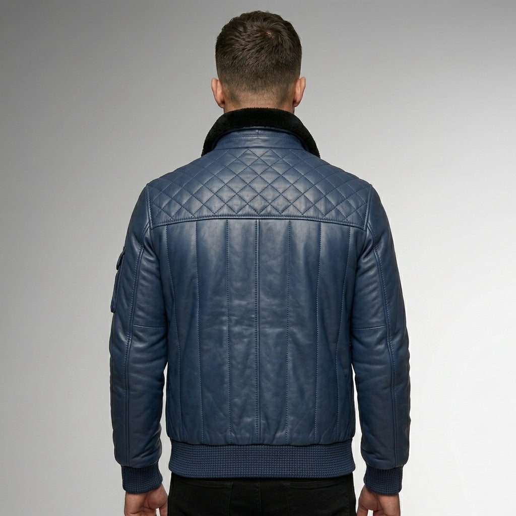 Men’s Sapphire Blue Bomber Jacket – Slim Fit Leather Style