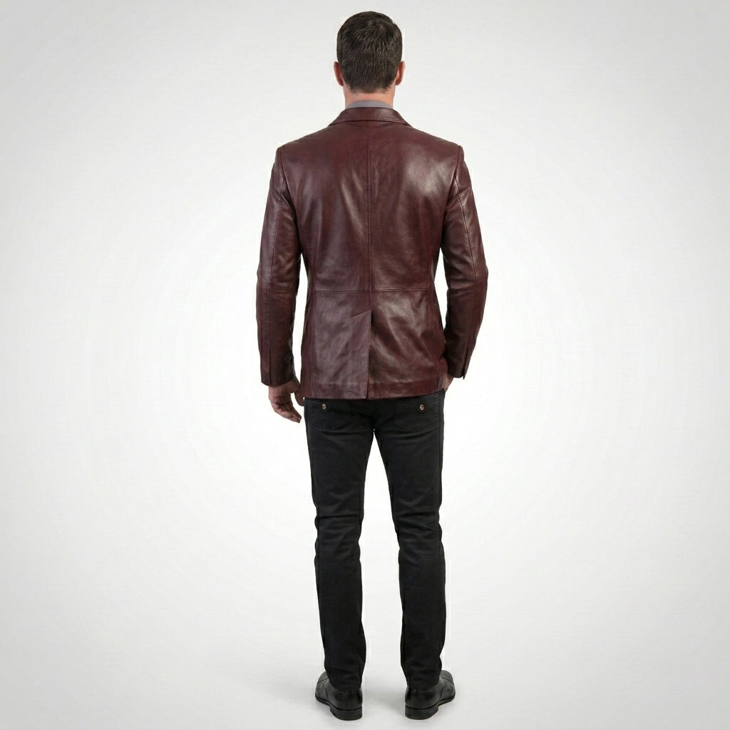 Men’s Burgundy Leather Double-Breasted Blazer