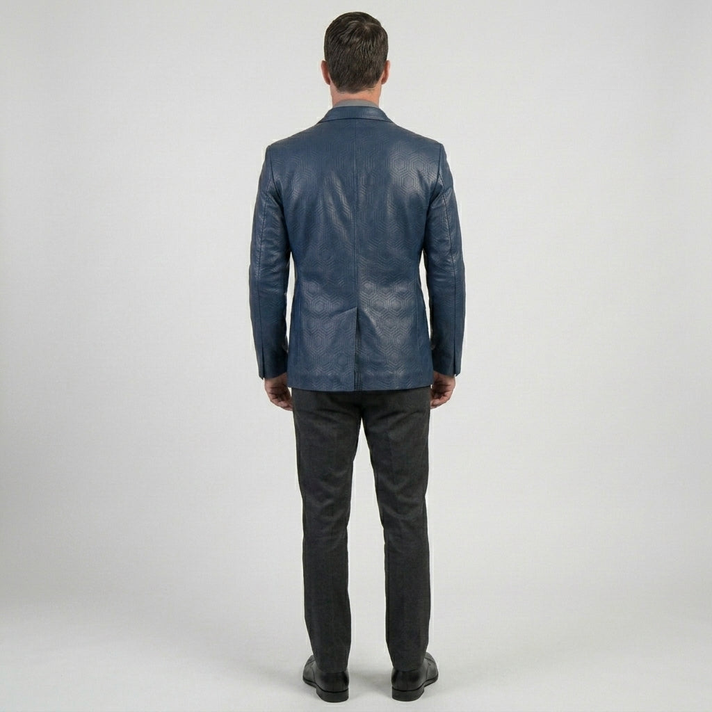 Men’s Archie Blue Leather Blazer Coat – Slim Fit Designer Style