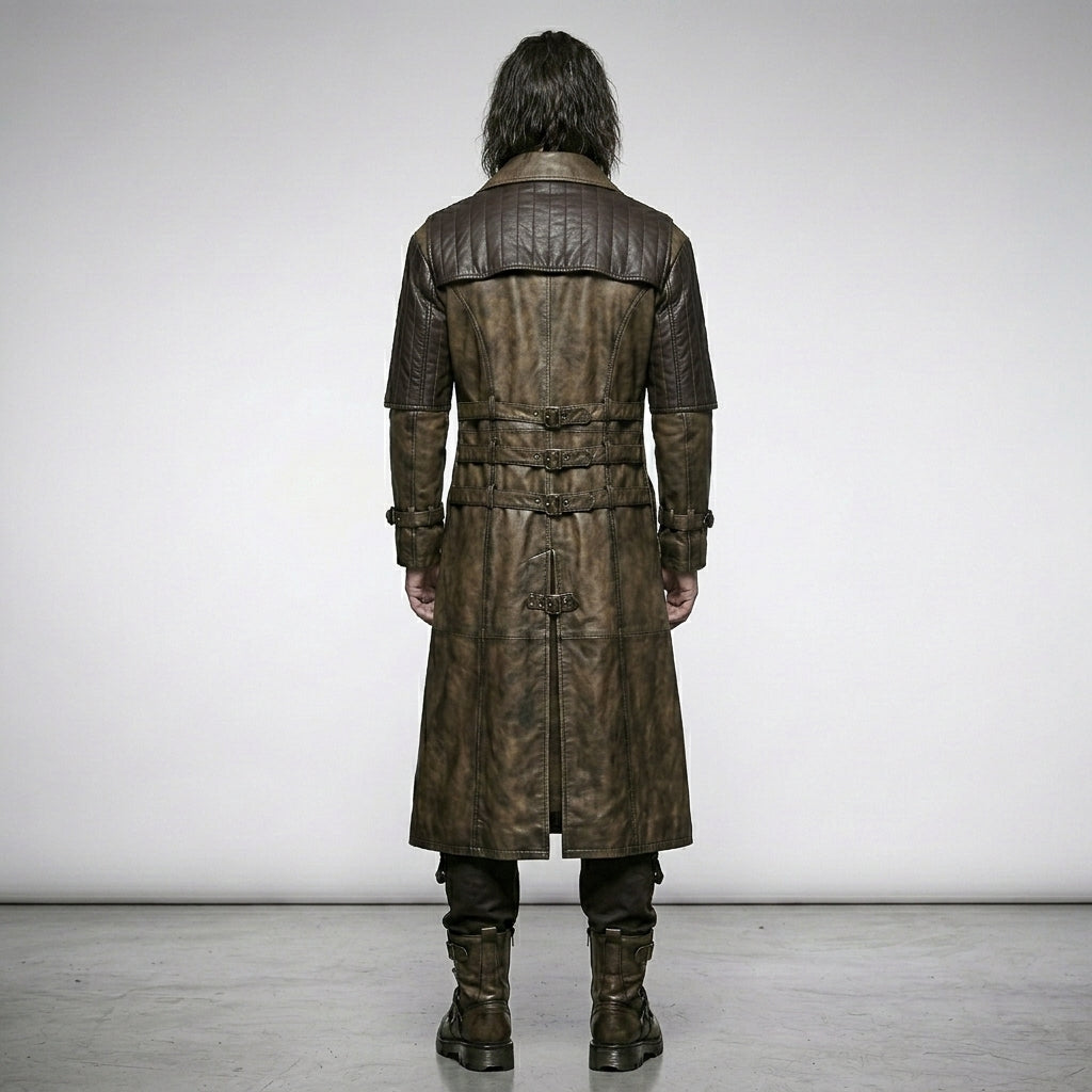 Men’s Punk Rave Steampunk Gothic Brown Leather Long Coat –
