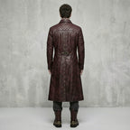 Men’s Maroon Gothic Leather Trench Coat – Quilted Shoulder Steampunk Style