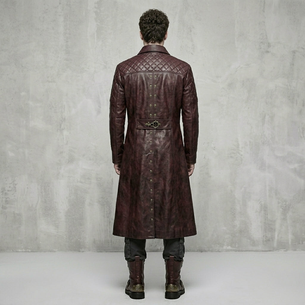 Men’s Maroon Gothic Leather Trench Coat – Quilted Shoulder Steampunk Style