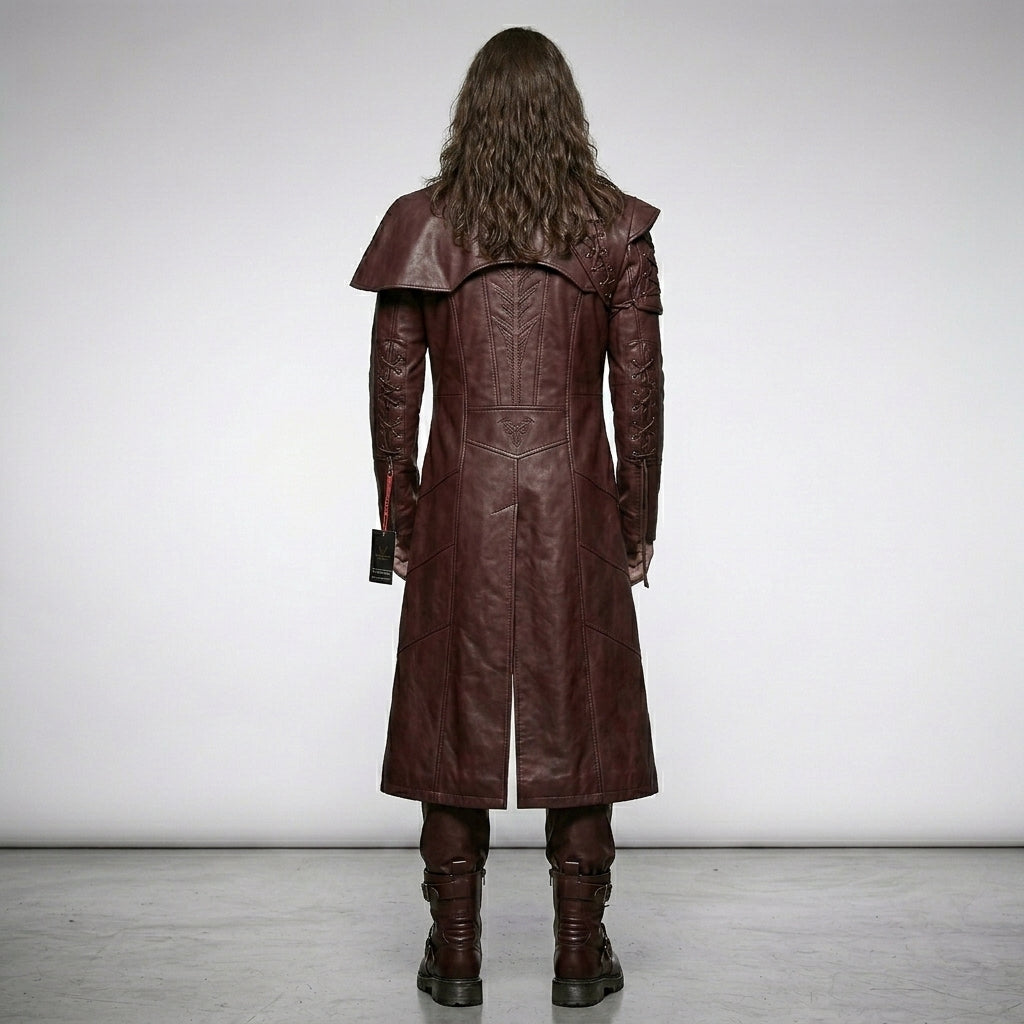 Men’s Devil Fashion Burgundy Gothic Faux Leather Trench Coat