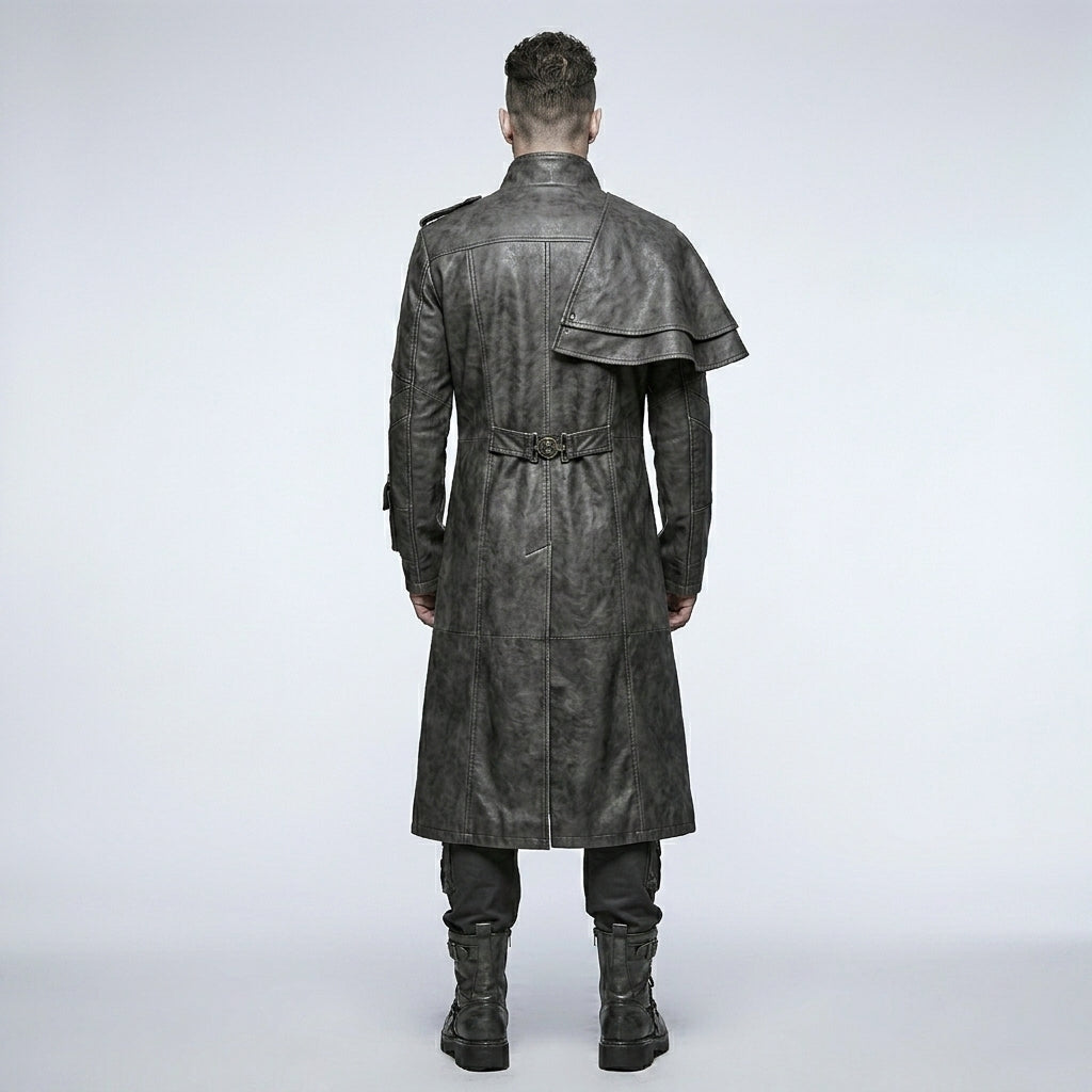 Men’s Devil Fashion Black Gothic Leather Trench Coat – Steampunk Long Coat Style