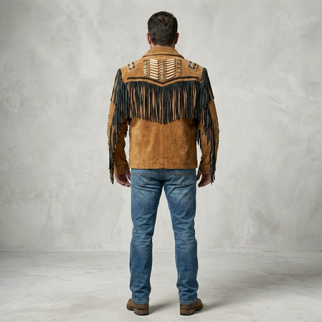 Men’s Cowboy Western Fringed Leather Jacket – Vintage Brown Rancher Style