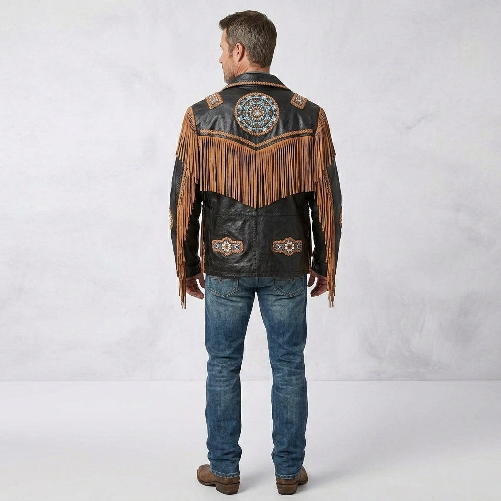 Men’s Cowboy Cowhide Leather Jacket with Fringe and Beads