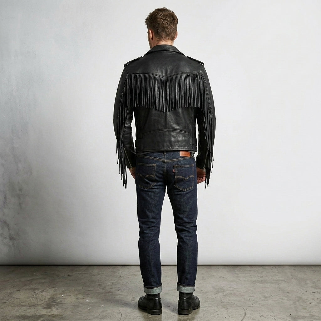 Men’s Fringe Hide Leather Motorcycle Jacket – Vintage Biker Western Style