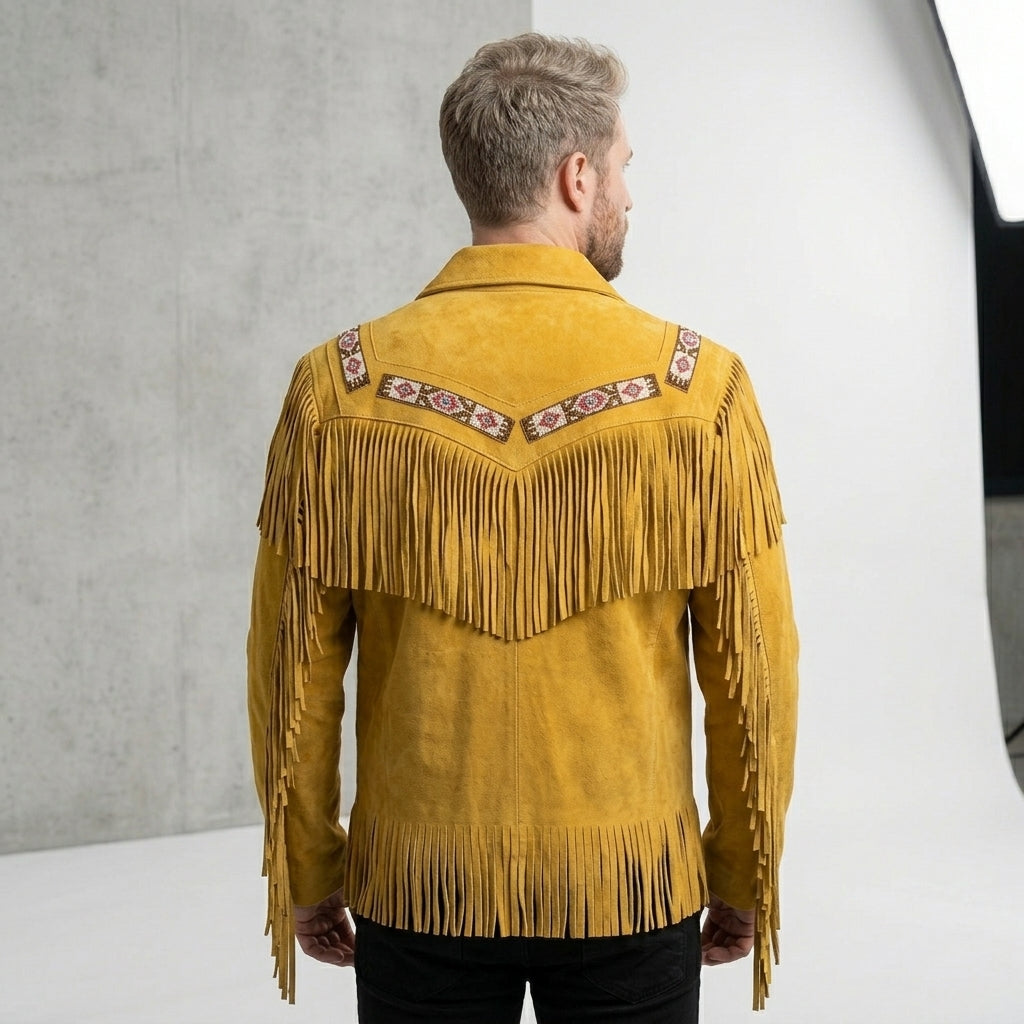Unisex Yellow Suede Fringe & Beads Jacket – Vintage Cowboy Western Coat