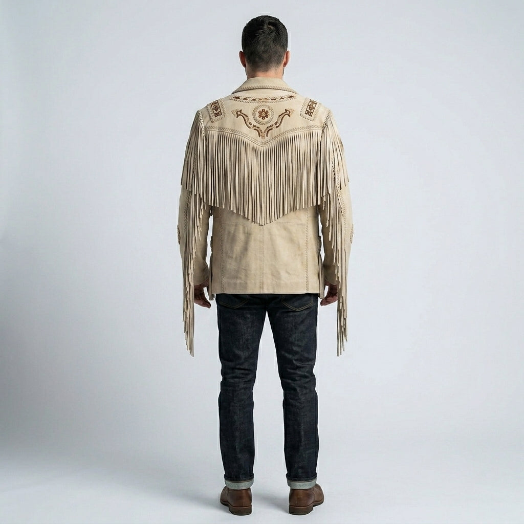 Men’s Western Cowboy White Suede Jacket – Vintage Rancher Style