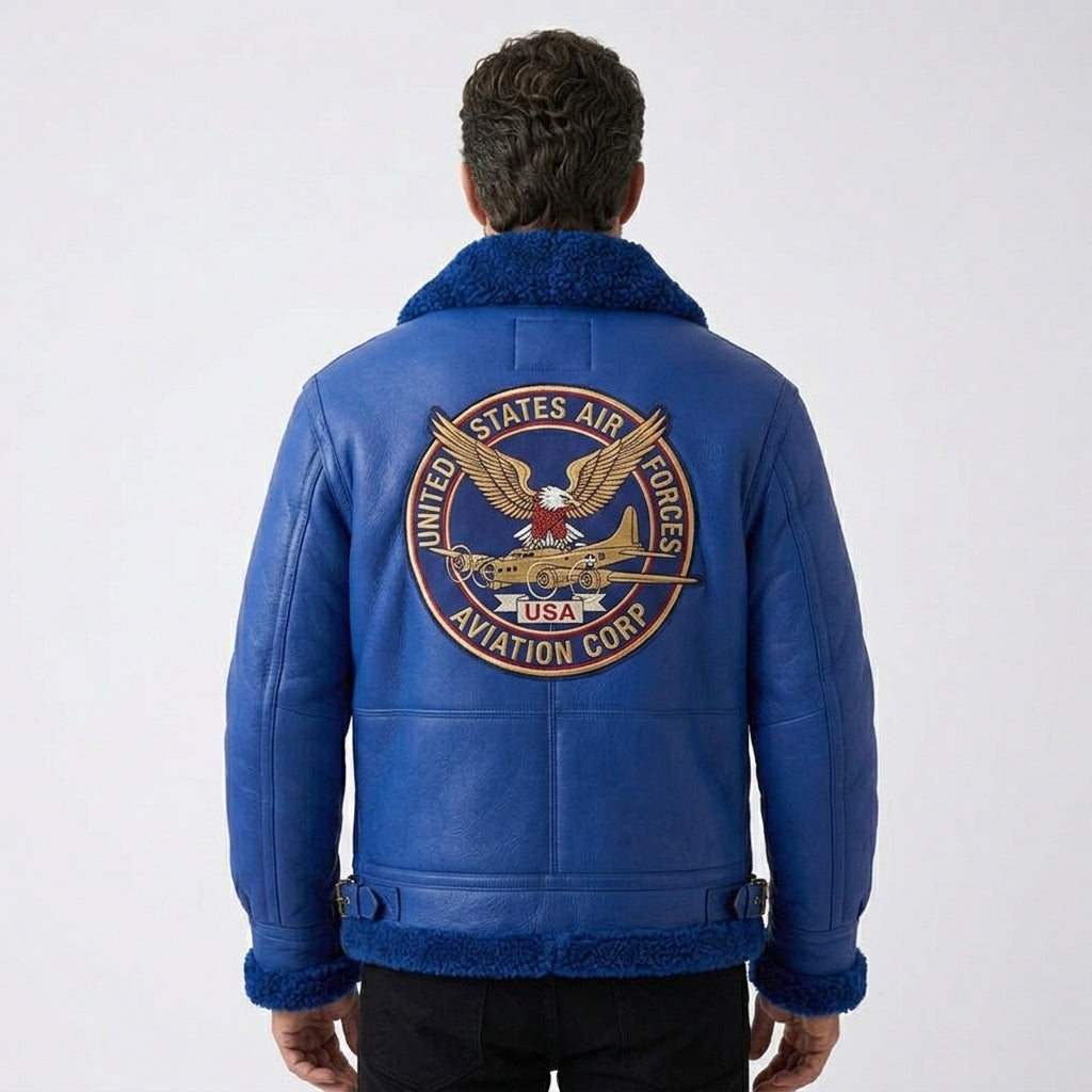 Men’s Blue B3 Shearling Bomber Military Jacket – Icon Aviator Style