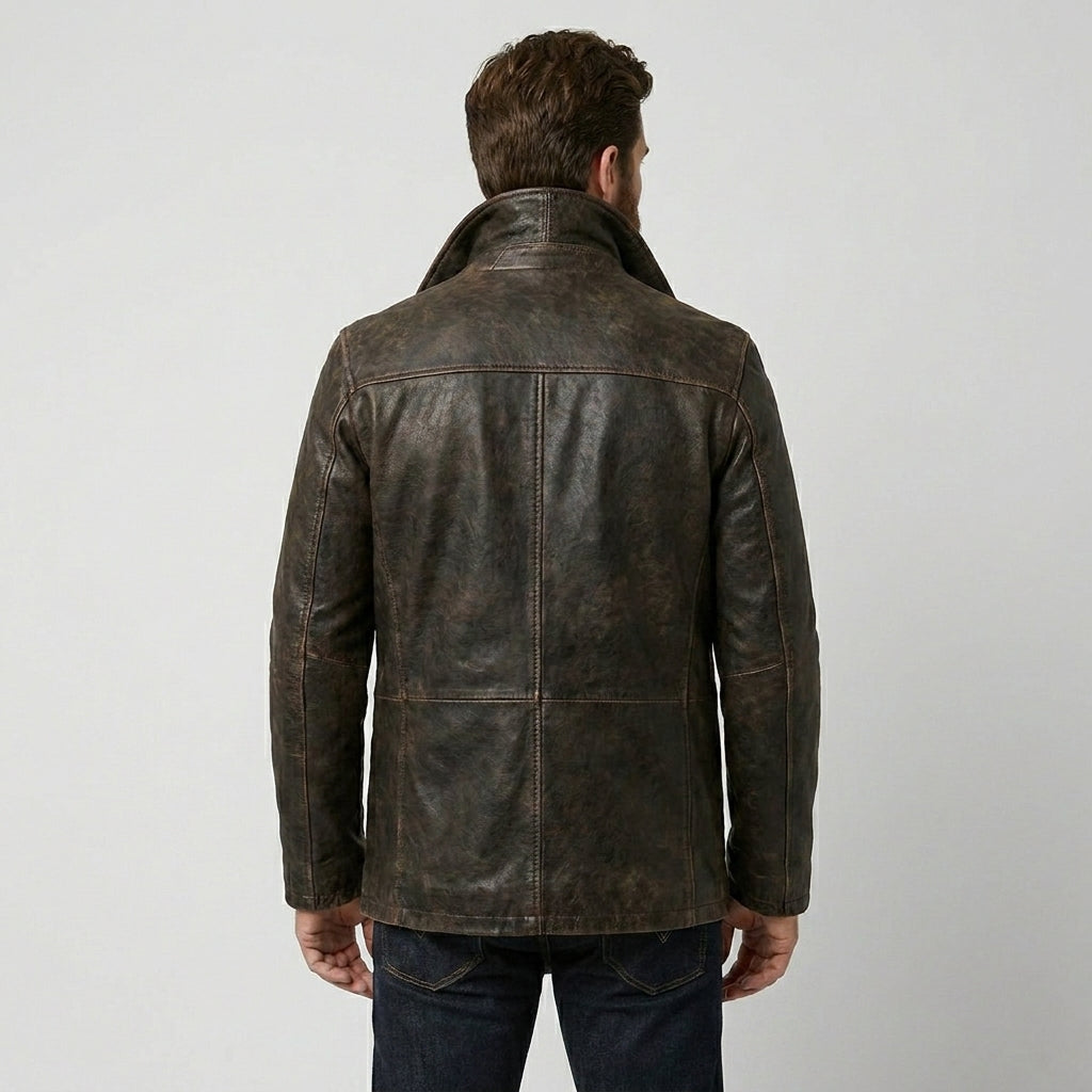 Gipsy Distressed Brown Leather Pea Coat Jacket